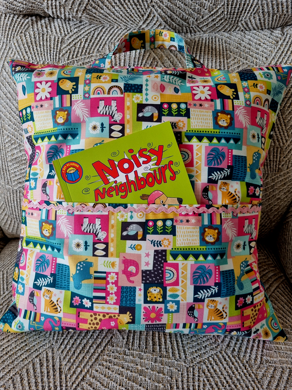 Book Cushion - Jungle Animals in Pink Multicolour Blocks
